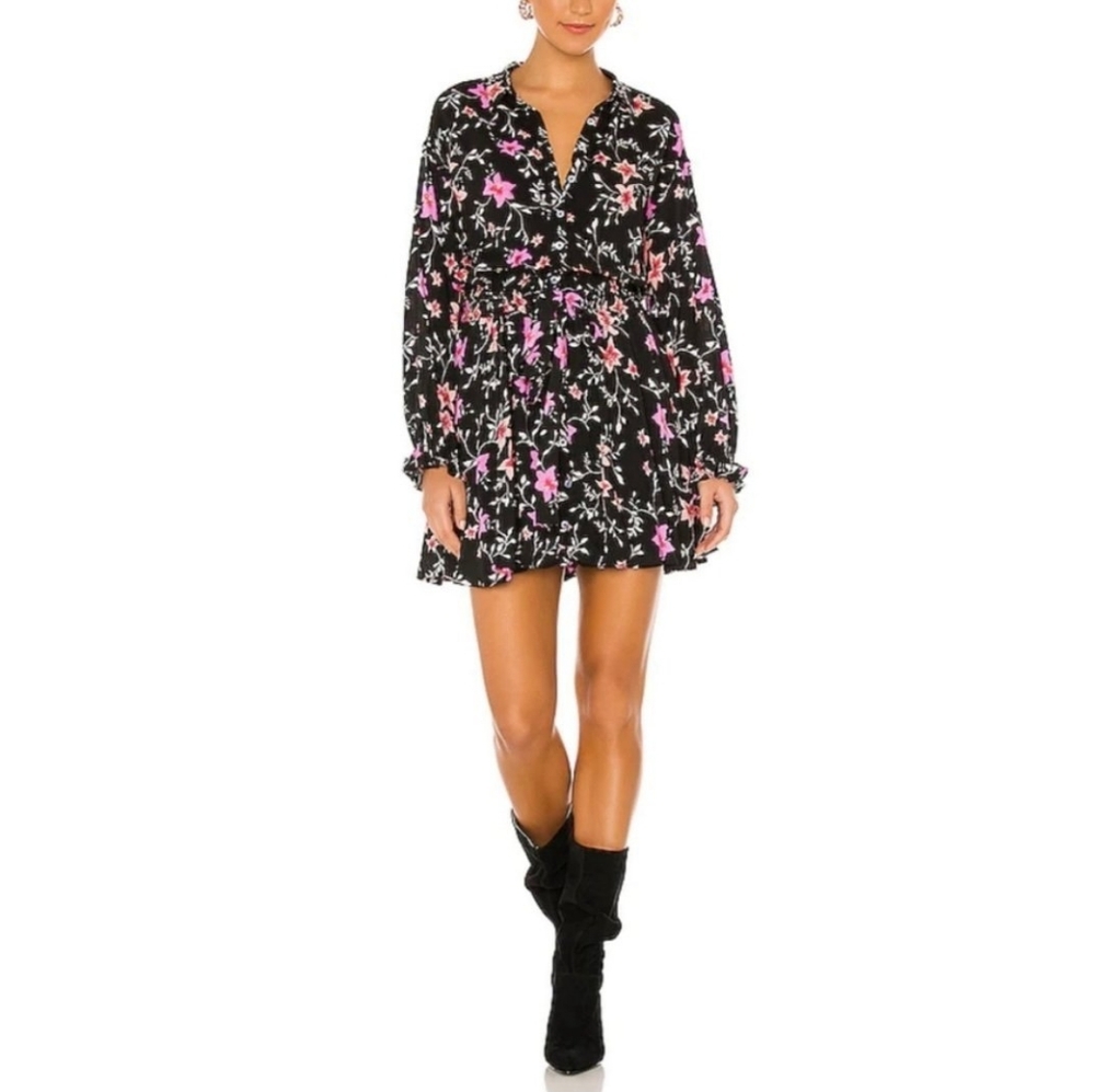 Free People Black and Pink Floral Long Sleeve Dress